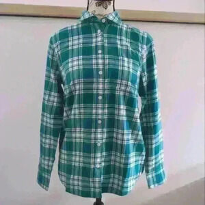J.CREW | Women's Teal/White Plaid Button Down Flannel Long  Sleeved Shirt